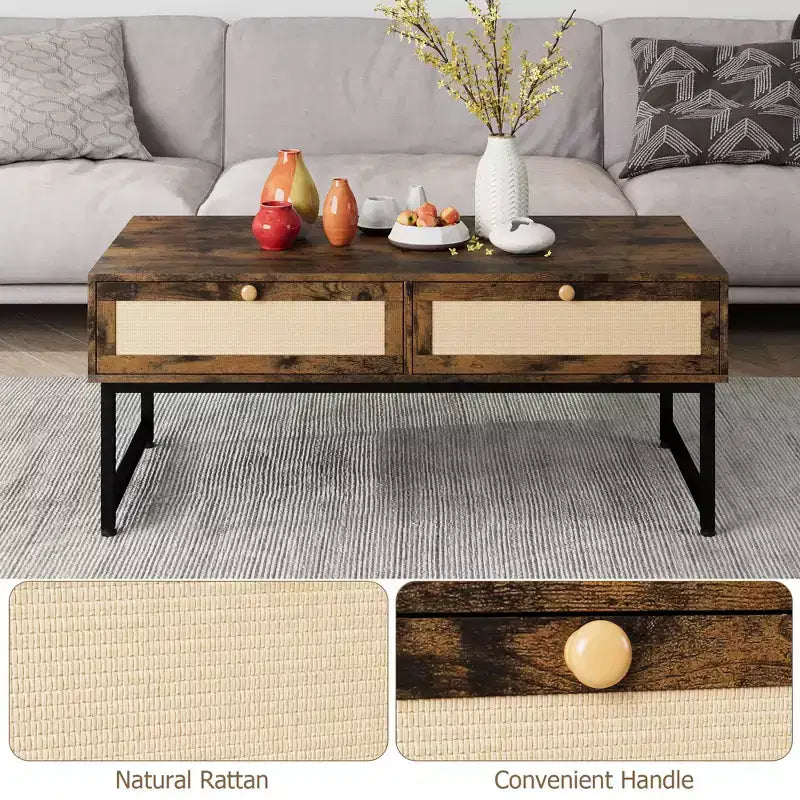 Rattan Coffee Table with 2 Drawer 45.6'' Wood Coffee Table with Storage Boho Dining Table Small Coffee Tables for Living Room