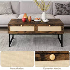 Rattan Coffee Table with 2 Drawer 45.6'' Wood Coffee Table with Storage Boho Dining Table Small Coffee Tables for Living Room