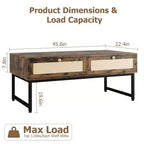 Rattan Coffee Table with 2 Drawer 45.6'' Wood Coffee Table with Storage Boho Dining Table Small Coffee Tables for Living Room