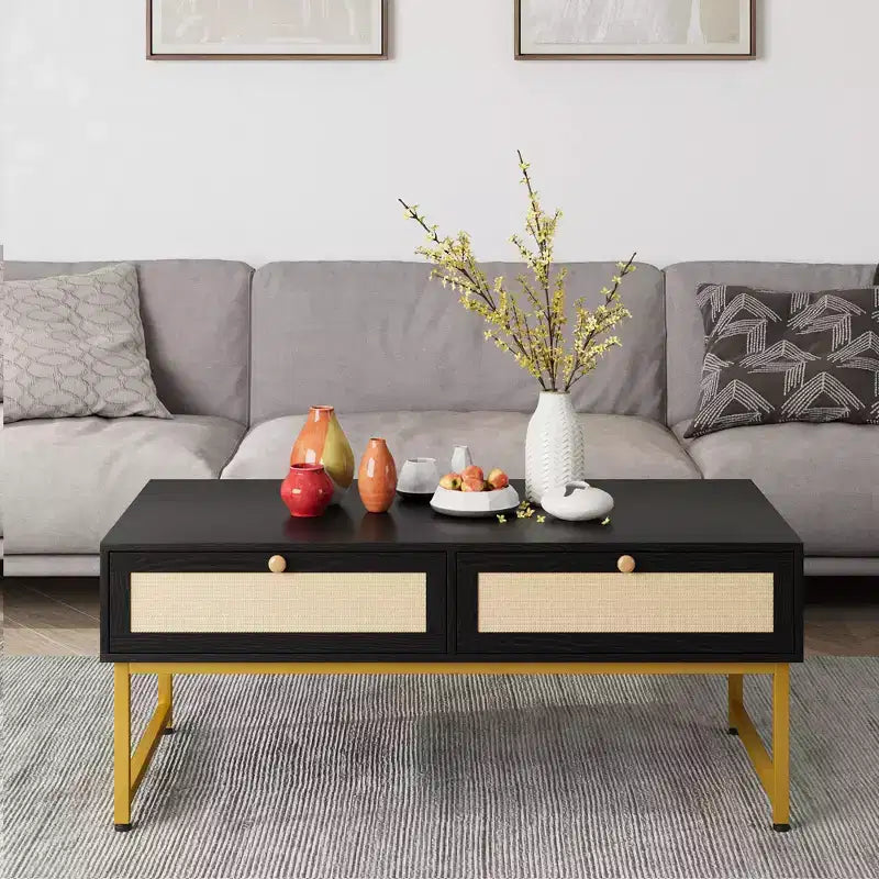 Rattan Coffee Table with 2 Drawer 45.6'' Wood Coffee Table with Storage Boho Dining Table Small Coffee Tables for Living Room