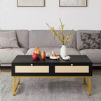 Rattan Coffee Table with 2 Drawer 45.6'' Wood Coffee Table with Storage Boho Dining Table Small Coffee Tables for Living Room