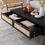 Rattan Coffee Table with 2 Drawer 45.6'' Wood Coffee Table with Storage Boho Dining Table Small Coffee Tables for Living Room