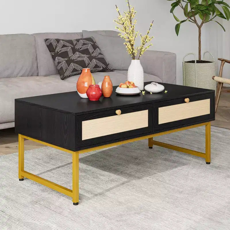 Rattan Coffee Table with 2 Drawer 45.6'' Wood Coffee Table with Storage Boho Dining Table Small Coffee Tables for Living Room