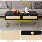 Rattan Coffee Table with 2 Drawer 45.6'' Wood Coffee Table with Storage Boho Dining Table Small Coffee Tables for Living Room