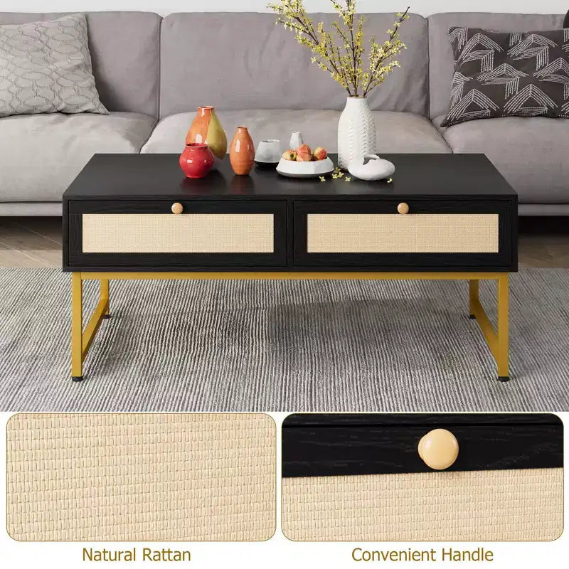 Rattan Coffee Table with 2 Drawer 45.6'' Wood Coffee Table with Storage Boho Dining Table Small Coffee Tables for Living Room