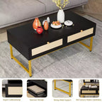 Rattan Coffee Table with 2 Drawer 45.6'' Wood Coffee Table with Storage Boho Dining Table Small Coffee Tables for Living Room