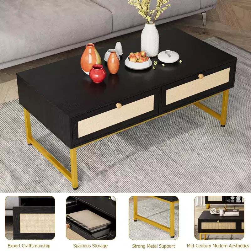 Rattan Coffee Table with 2 Drawer 45.6'' Wood Coffee Table with Storage Boho Dining Table Small Coffee Tables for Living Room