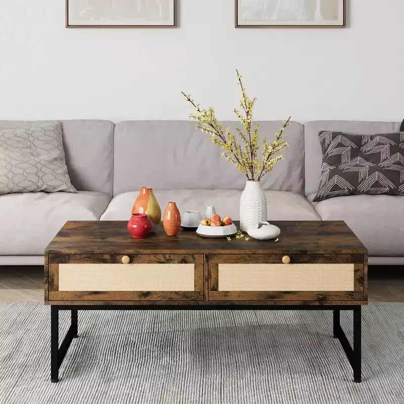 Rattan Coffee Table with 2 Drawer 45.6'' Wood Coffee Table with Storage Boho Dining Table Small Coffee Tables for Living Room
