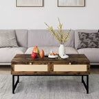 Rattan Coffee Table with 2 Drawer 45.6'' Wood Coffee Table with Storage Boho Dining Table Small Coffee Tables for Living Room