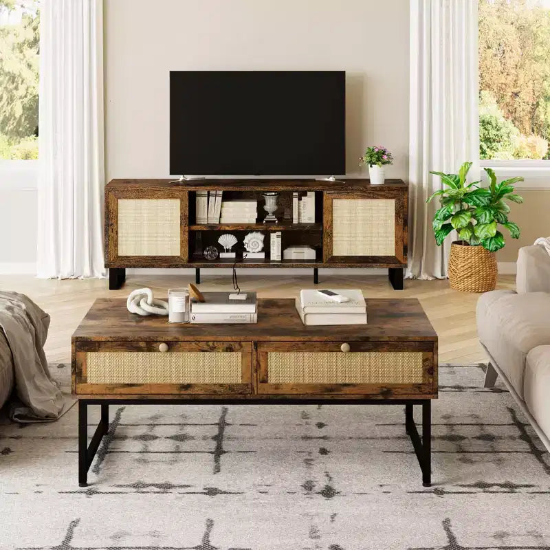 Rattan Coffee Table with 2 Drawer 45.6'' Wood Coffee Table with Storage Boho Dining Table Small Coffee Tables for Living Room