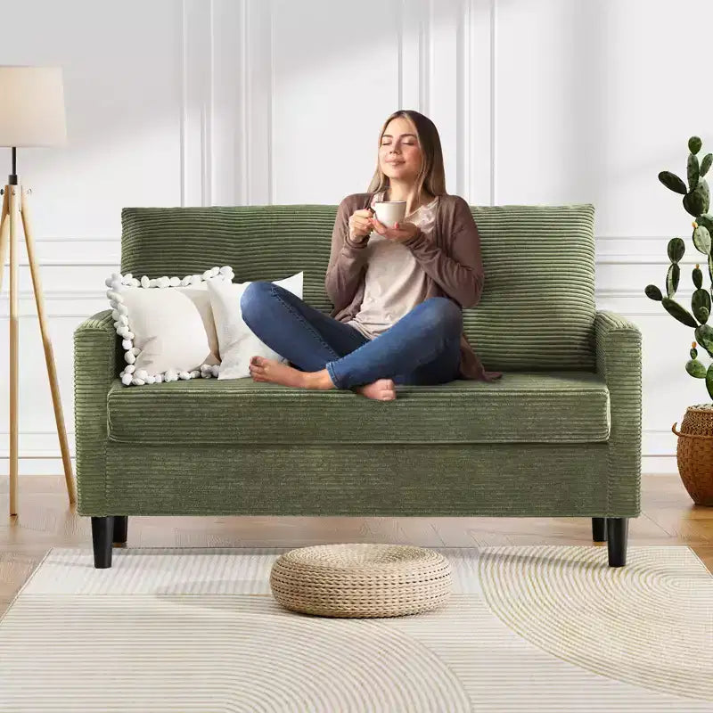 Dyonery 50 Beige Corduroy Loveseat Sofa with Solid Wood Frame for Living Room Small Comfy Loveseat with Deep Seat Spring Cushion, Tool-Free Assembly