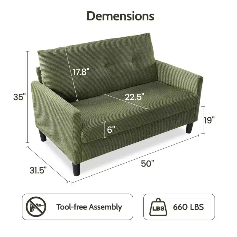 Dyonery 50 Beige Corduroy Loveseat Sofa with Solid Wood Frame for Living Room Small Comfy Loveseat with Deep Seat Spring Cushion, Tool-Free Assembly