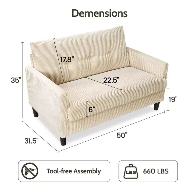 Dyonery 50 Beige Corduroy Loveseat Sofa with Solid Wood Frame for Living Room Small Comfy Loveseat with Deep Seat Spring Cushion, Tool-Free Assembly