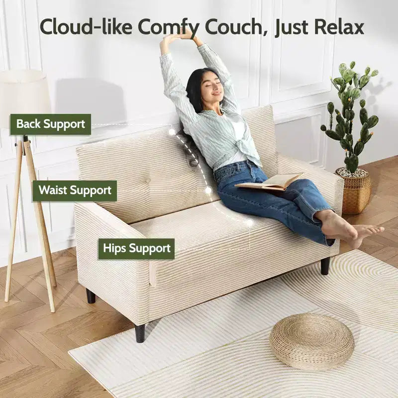 Dyonery 50 Beige Corduroy Loveseat Sofa with Solid Wood Frame for Living Room Small Comfy Loveseat with Deep Seat Spring Cushion, Tool-Free Assembly