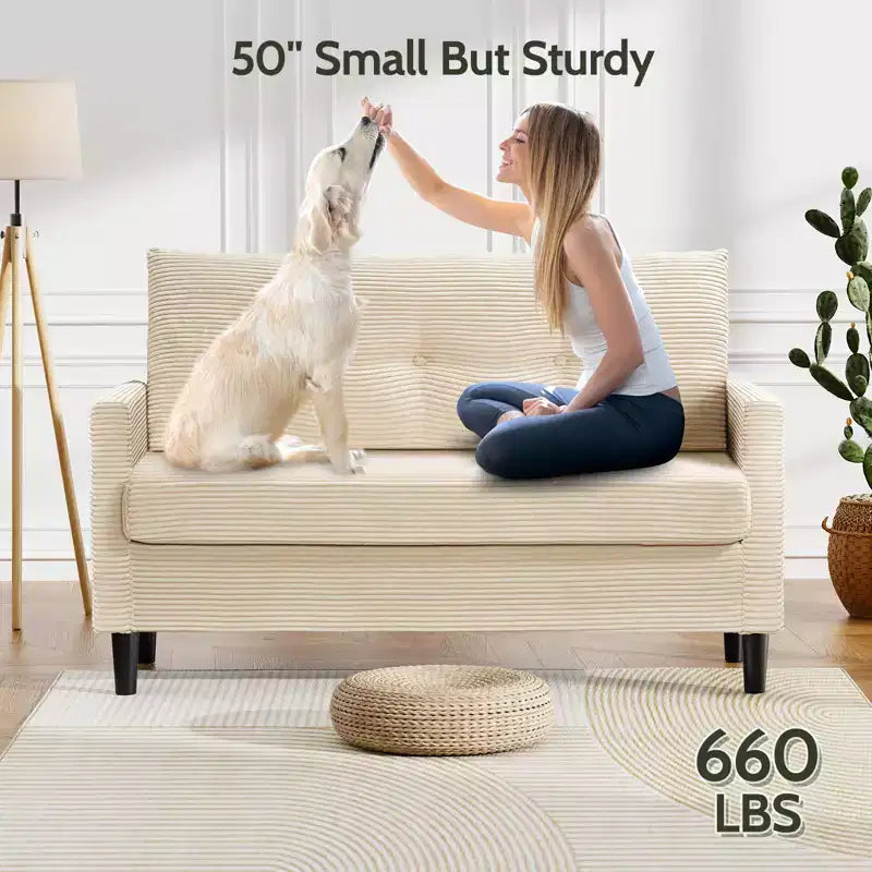 Dyonery 50 Beige Corduroy Loveseat Sofa with Solid Wood Frame for Living Room Small Comfy Loveseat with Deep Seat Spring Cushion, Tool-Free Assembly