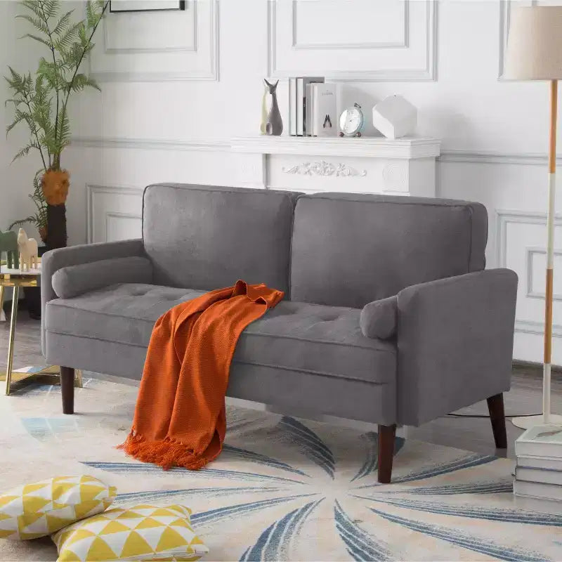 MAYEERTY 65 Modern Loveseat Sofa with Removable Back Cushions & 2 Bolster Pillows, Solid Wood Legs Couch