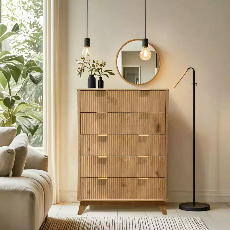 Fluted 5 Drawers Dresser, 47 Tall Modern Chest of Drawers, Curved Profile Design, Wood Drawer Organizer