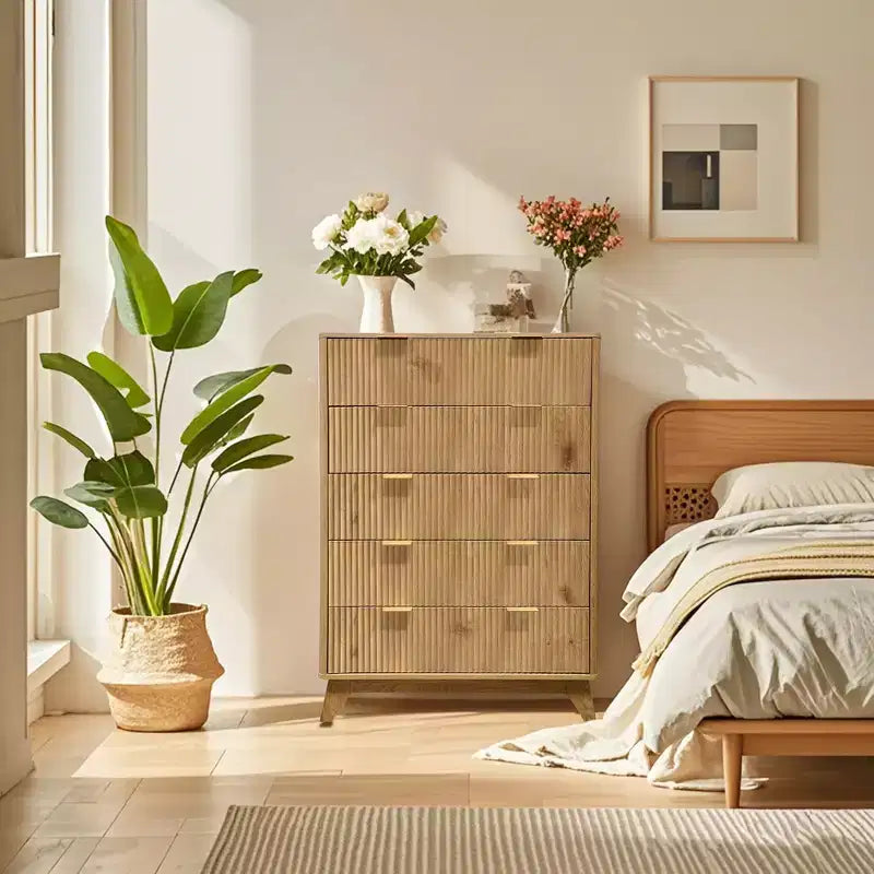 Fluted 5 Drawers Dresser, 47 Tall Modern Chest of Drawers, Curved Profile Design, Wood Drawer Organizer