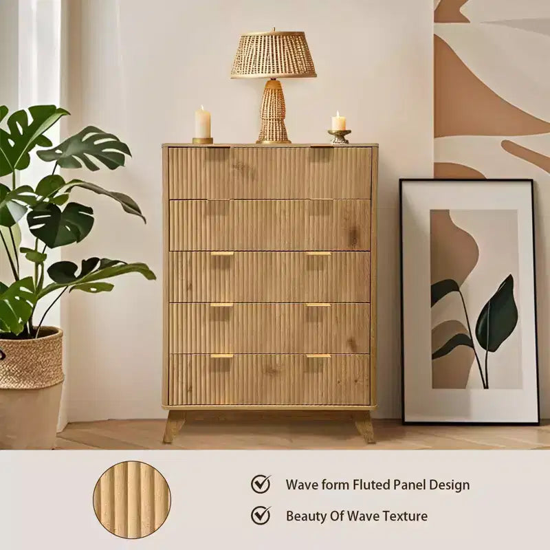 Fluted 5 Drawers Dresser, 47 Tall Modern Chest of Drawers, Curved Profile Design, Wood Drawer Organizer