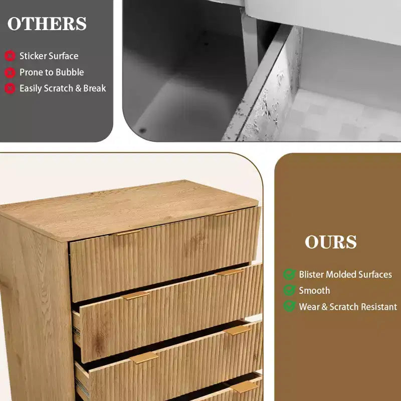 Fluted 5 Drawers Dresser, 47 Tall Modern Chest of Drawers, Curved Profile Design, Wood Drawer Organizer