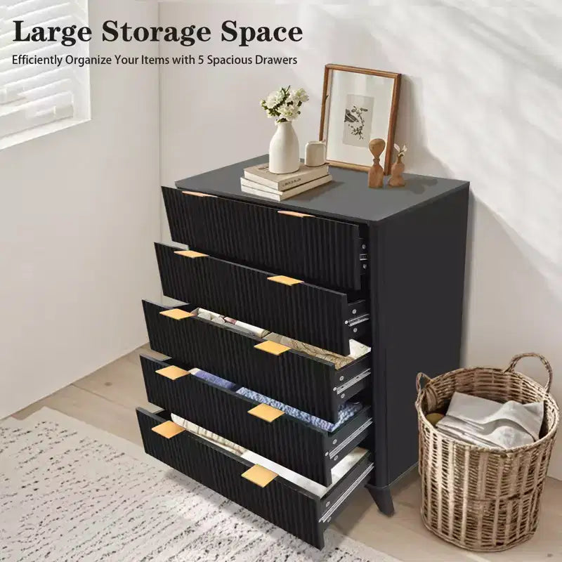 Fluted 5 Drawers Dresser, 47 Tall Modern Chest of Drawers, Curved Profile Design, Wood Drawer Organizer