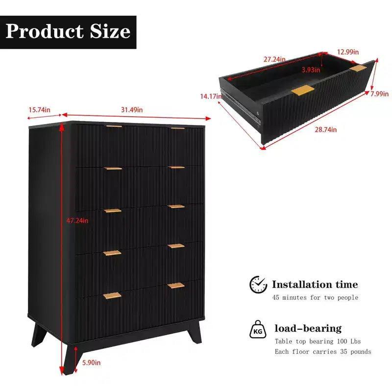 Fluted 5 Drawers Dresser, 47 Tall Modern Chest of Drawers, Curved Profile Design, Wood Drawer Organizer