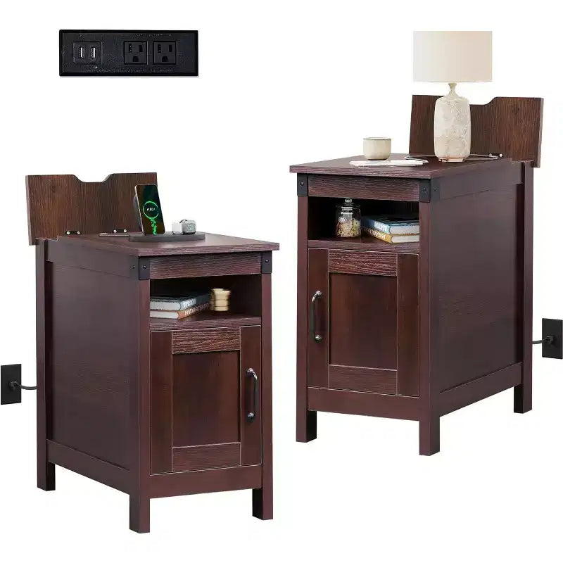 DEXYLLO Tavolino d'Appoggio per Fattoria Set da 2 con Stazione di Ricarica, Tavolini Laterali Stretti, USB e Prese, Comodini in Legno con Contenitore