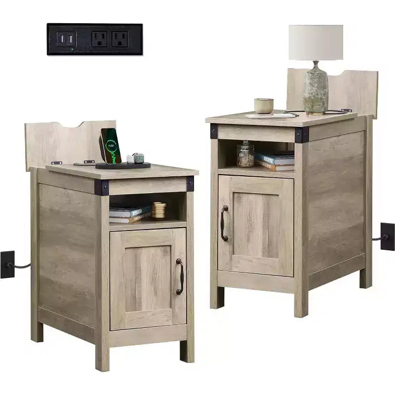 DEXYLLO Tavolino d'Appoggio per Fattoria Set da 2 con Stazione di Ricarica, Tavolini Laterali Stretti, USB e Prese, Comodini in Legno con Contenitore