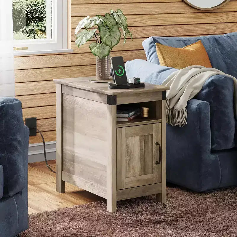 DEXYLLO Farmhouse End Table Set of 2 with Charging Station, Narrow Side Tables, USB & Outlets, Wood Nightstands with Storage