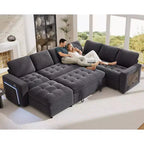 Dyonery 7-seater U-shaped sofa, Modular sofa bed, with pull-out bed, reclining backrest, storage cabinet, tool-free assembly, snow velvet