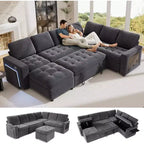 Dyonery 7-seater U-shaped sofa, Modular sofa bed, with pull-out bed, reclining backrest, storage cabinet, tool-free assembly, snow velvet