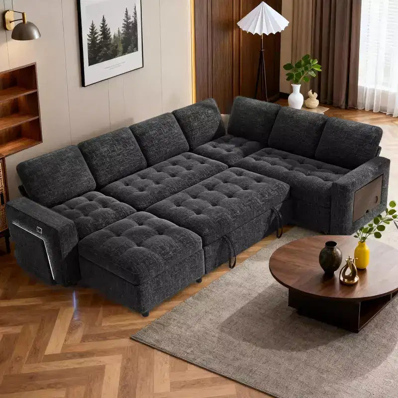 Dyonery 7-seater U-shaped sofa, Modular sofa bed, with pull-out bed, reclining backrest, storage cabinet, tool-free assembly, snow velvet