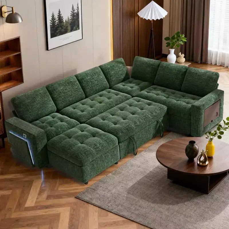 Dyonery 7-seater U-shaped sofa, Modular sofa bed, with pull-out bed, reclining backrest, storage cabinet, tool-free assembly, snow velvet