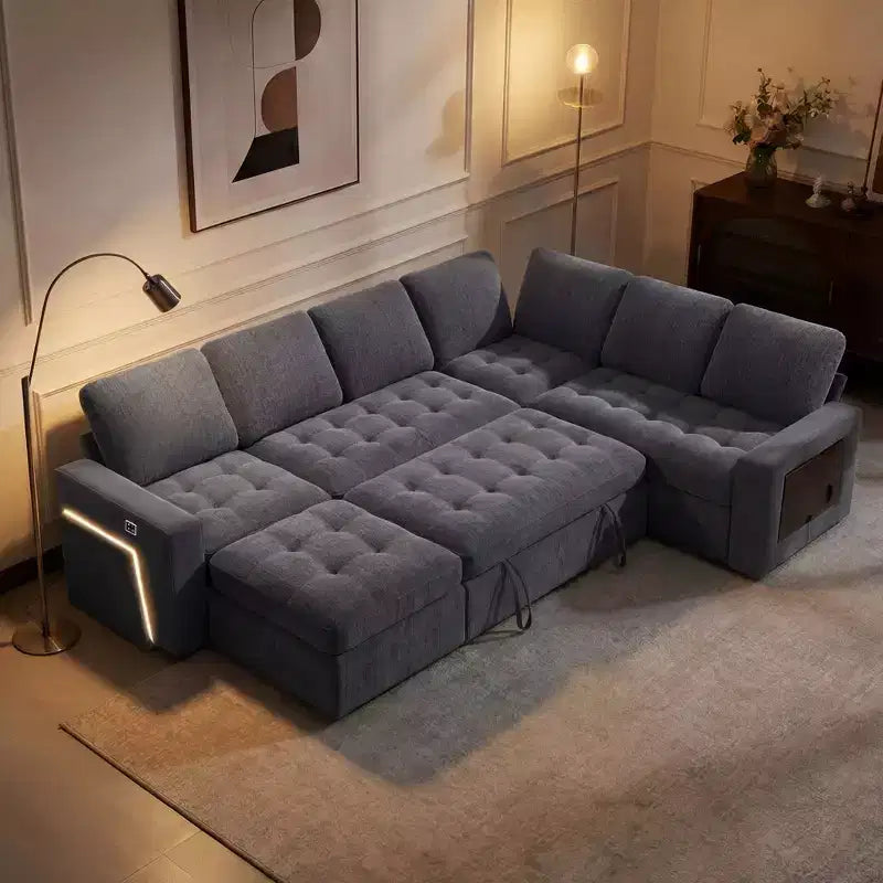 Dyonery 7-seater U-shaped sofa, Modular sofa bed, with pull-out bed, reclining backrest, storage cabinet, tool-free assembly, snow velvet