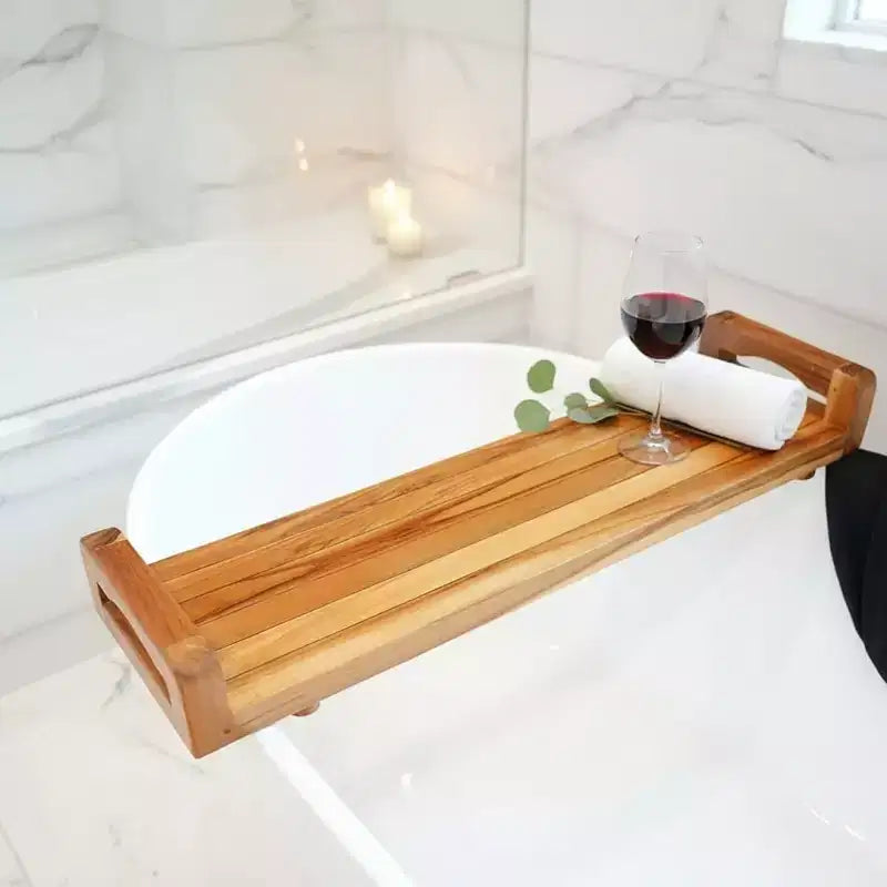 HomeRoots 29W Natural Teak Bath Tray and Seat with Handles