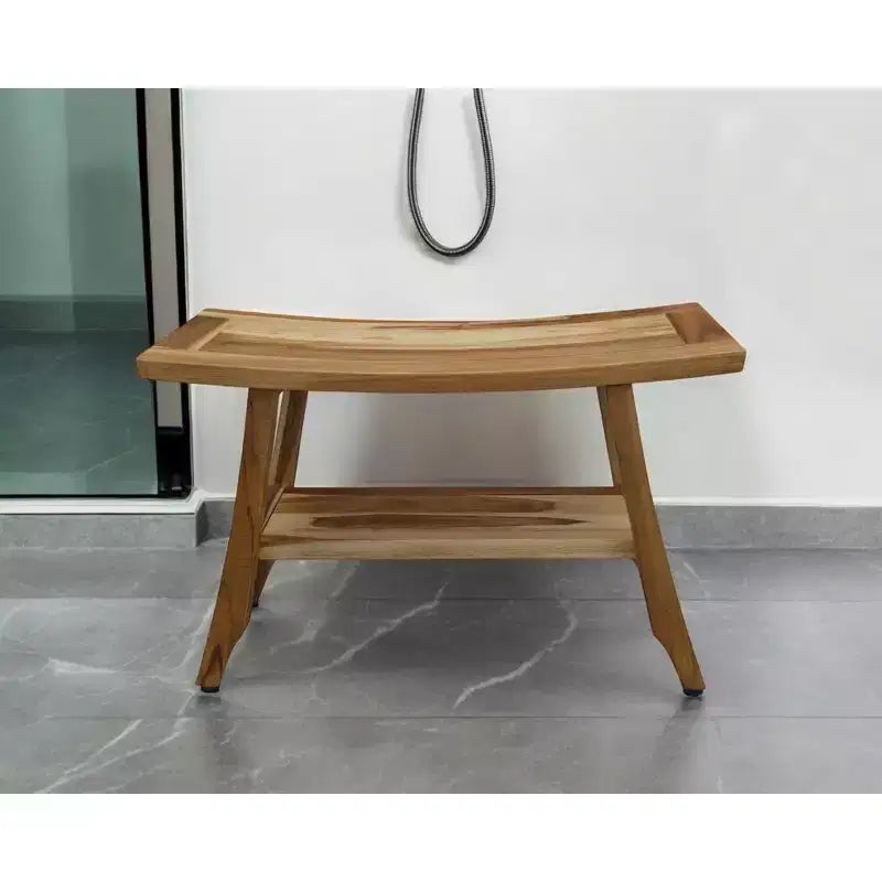 HomeRoots 28 Natural Solid Teak Rectangular Shower Bench With Shelf