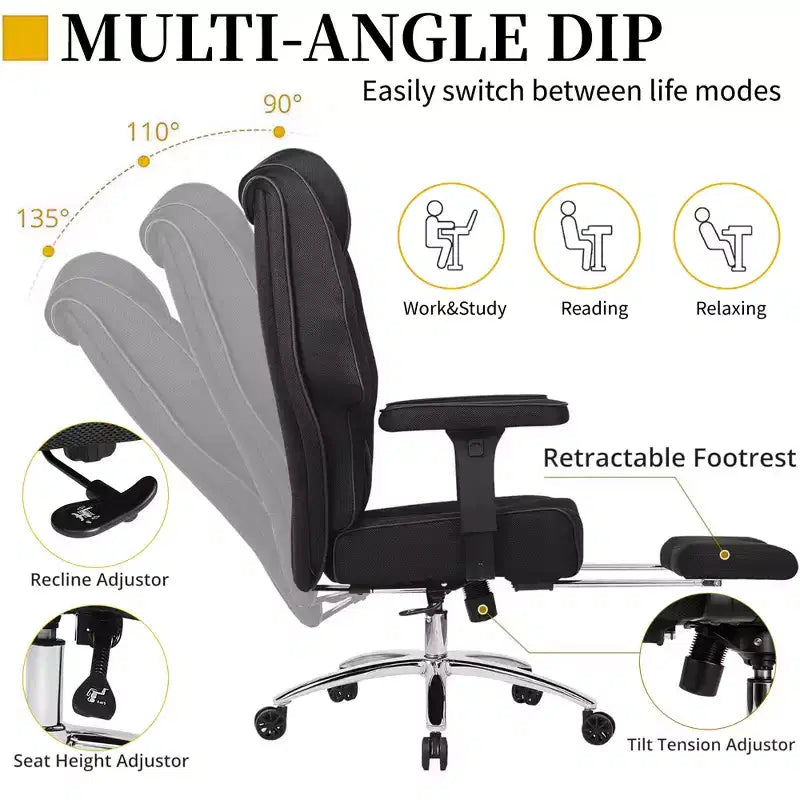 VECELO Sedia da ufficio ergonomica con poggiapiedi e braccioli, sedia regolabile in altezza con supporto lombare e cervicale, nera