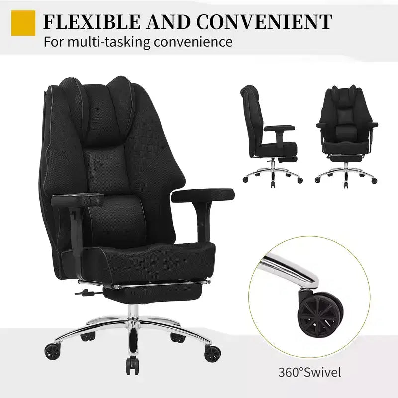 VECELO Sedia da ufficio ergonomica con poggiapiedi e braccioli, sedia regolabile in altezza con supporto lombare e cervicale, nera