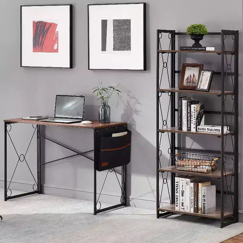 VECELO Scaffale Pieghevole, Libreria Pieghevole a 5 Ripiani, Scaffale Industriale in Metallo Autoportante Organizer per Soggiorno o Camera da Letto, Marrone