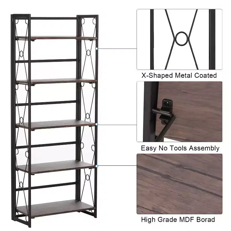 VECELO Scaffale Pieghevole, Libreria Pieghevole a 5 Ripiani, Scaffale Industriale in Metallo Autoportante Organizer per Soggiorno o Camera da Letto, Marrone
