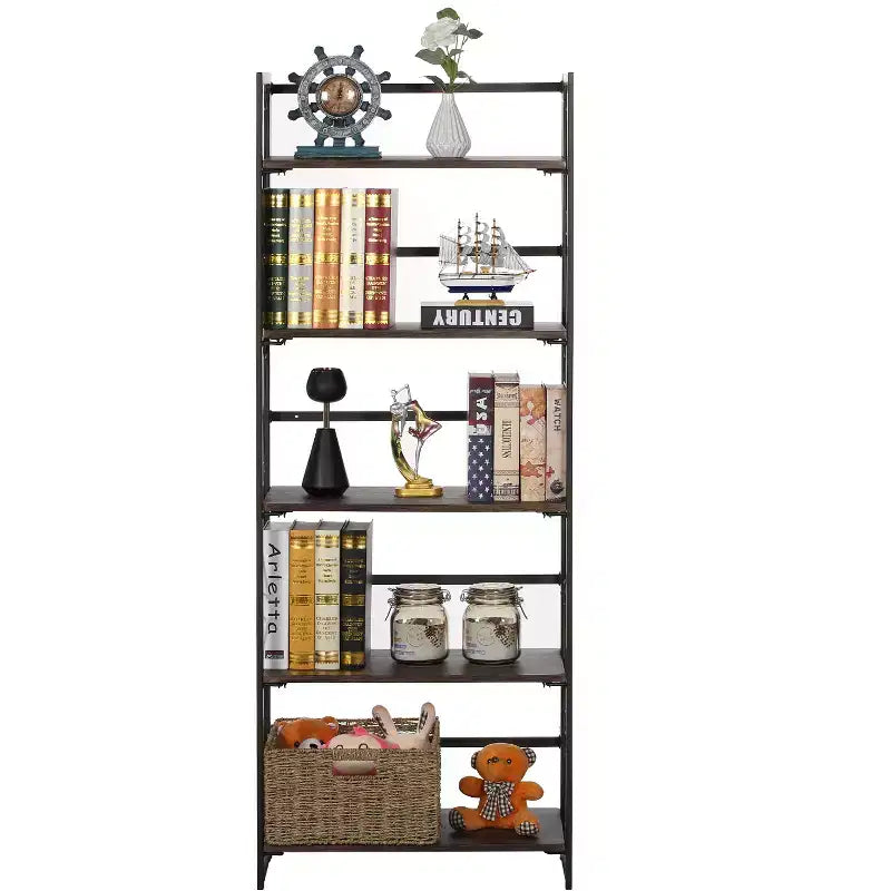 VECELO Scaffale Pieghevole, Libreria Pieghevole a 5 Ripiani, Scaffale Industriale in Metallo Autoportante Organizer per Soggiorno o Camera da Letto, Marrone