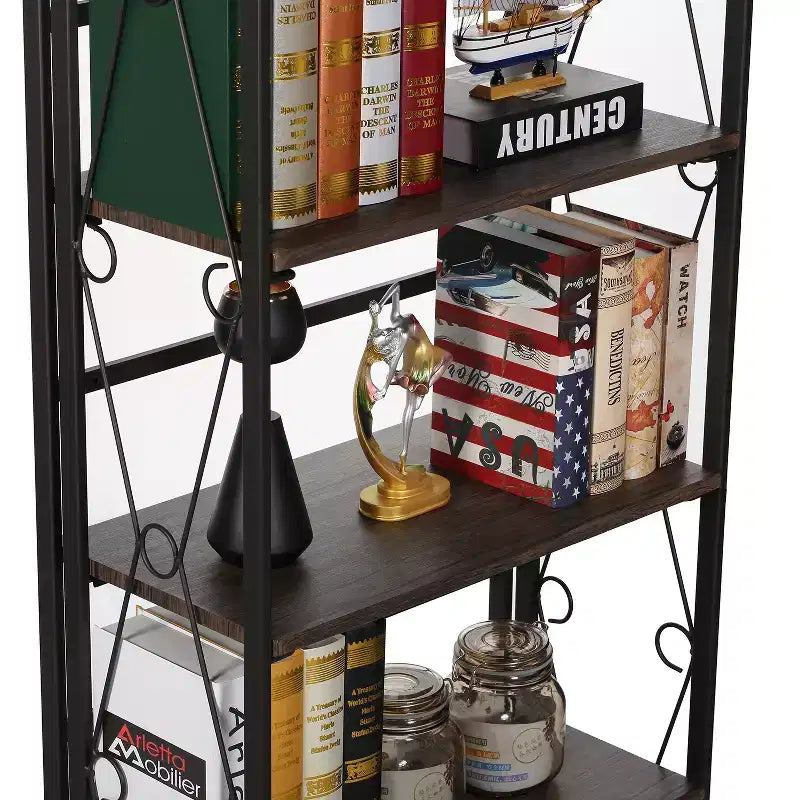 VECELO Scaffale Pieghevole, Libreria Pieghevole a 5 Ripiani, Scaffale Industriale in Metallo Autoportante Organizer per Soggiorno o Camera da Letto, Marrone