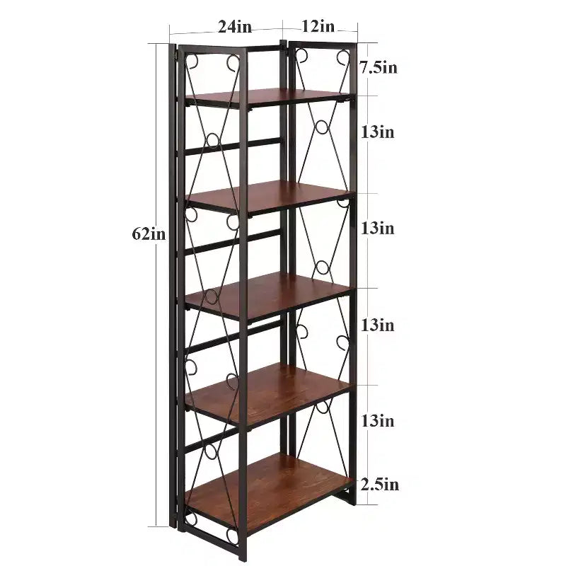 VECELO Scaffale Pieghevole, Libreria Pieghevole a 5 Ripiani, Scaffale Industriale in Metallo Autoportante Organizer per Soggiorno o Camera da Letto, Marrone