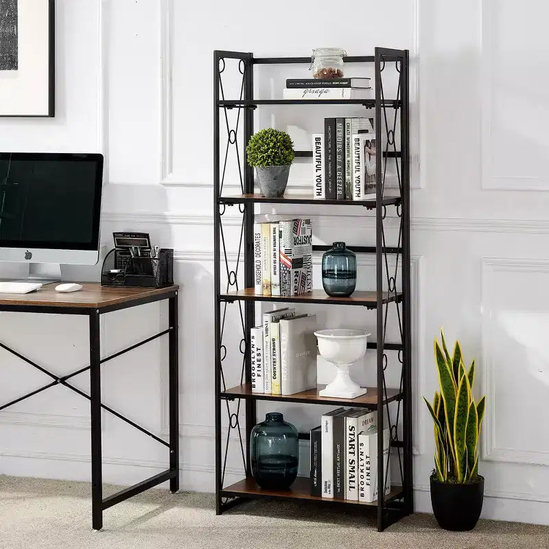VECELO Scaffale Pieghevole, Libreria Pieghevole a 5 Ripiani, Scaffale Industriale in Metallo Autoportante Organizer per Soggiorno o Camera da Letto, Marrone