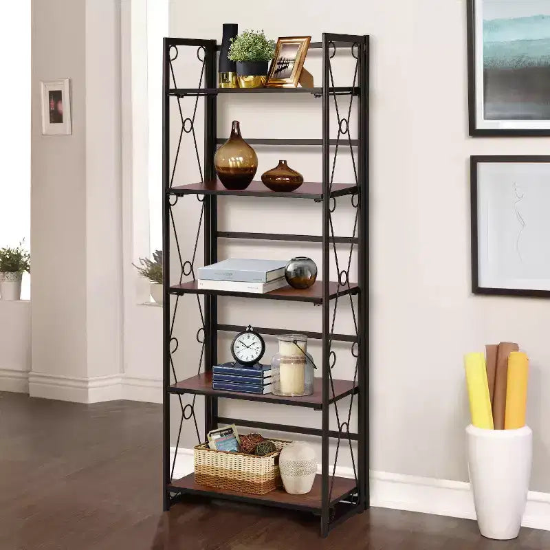 VECELO Scaffale Pieghevole, Libreria Pieghevole a 5 Ripiani, Scaffale Industriale in Metallo Autoportante Organizer per Soggiorno o Camera da Letto, Marrone