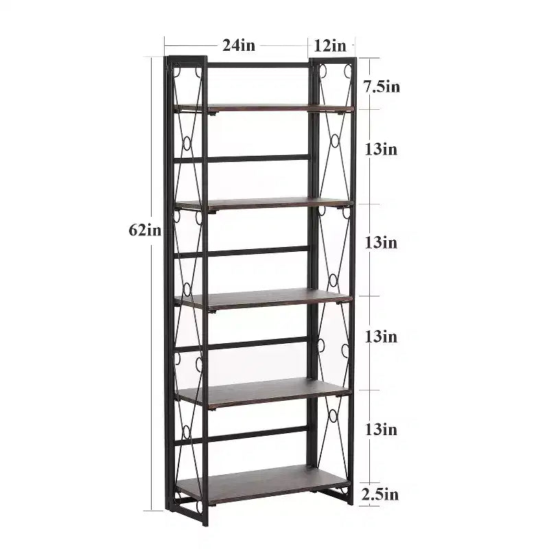 VECELO Scaffale Pieghevole, Libreria Pieghevole a 5 Ripiani, Scaffale Industriale in Metallo Autoportante Organizer per Soggiorno o Camera da Letto, Marrone