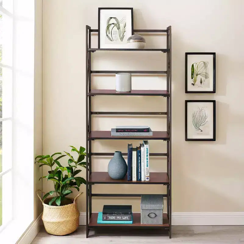 VECELO Scaffale Pieghevole, Libreria Pieghevole a 5 Ripiani, Scaffale Industriale in Metallo Autoportante Organizer per Soggiorno o Camera da Letto, Marrone