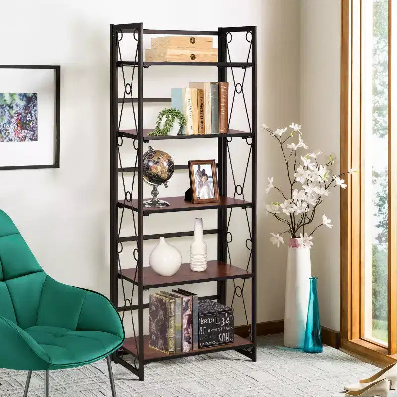 VECELO Scaffale Pieghevole, Libreria Pieghevole a 5 Ripiani, Scaffale Industriale in Metallo Autoportante Organizer per Soggiorno o Camera da Letto, Marrone