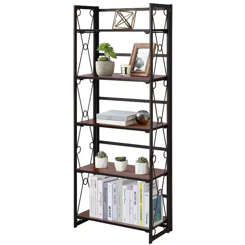 VECELO Scaffale Pieghevole, Libreria Pieghevole a 5 Ripiani, Scaffale Industriale in Metallo Autoportante Organizer per Soggiorno o Camera da Letto, Marrone