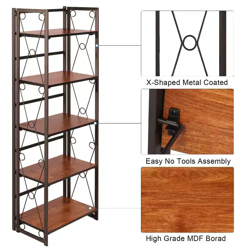 VECELO Scaffale Pieghevole, Libreria Pieghevole a 5 Ripiani, Scaffale Industriale in Metallo Autoportante Organizer per Soggiorno o Camera da Letto, Marrone